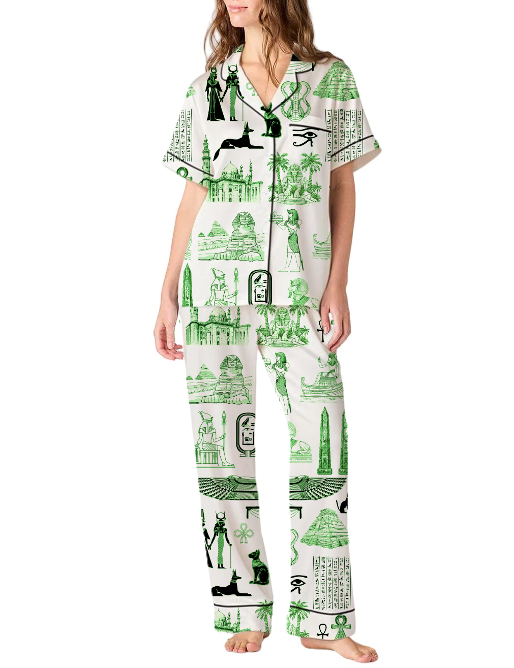 Egypt Travel Toile Silky Satin Pajama Pants Set For Women