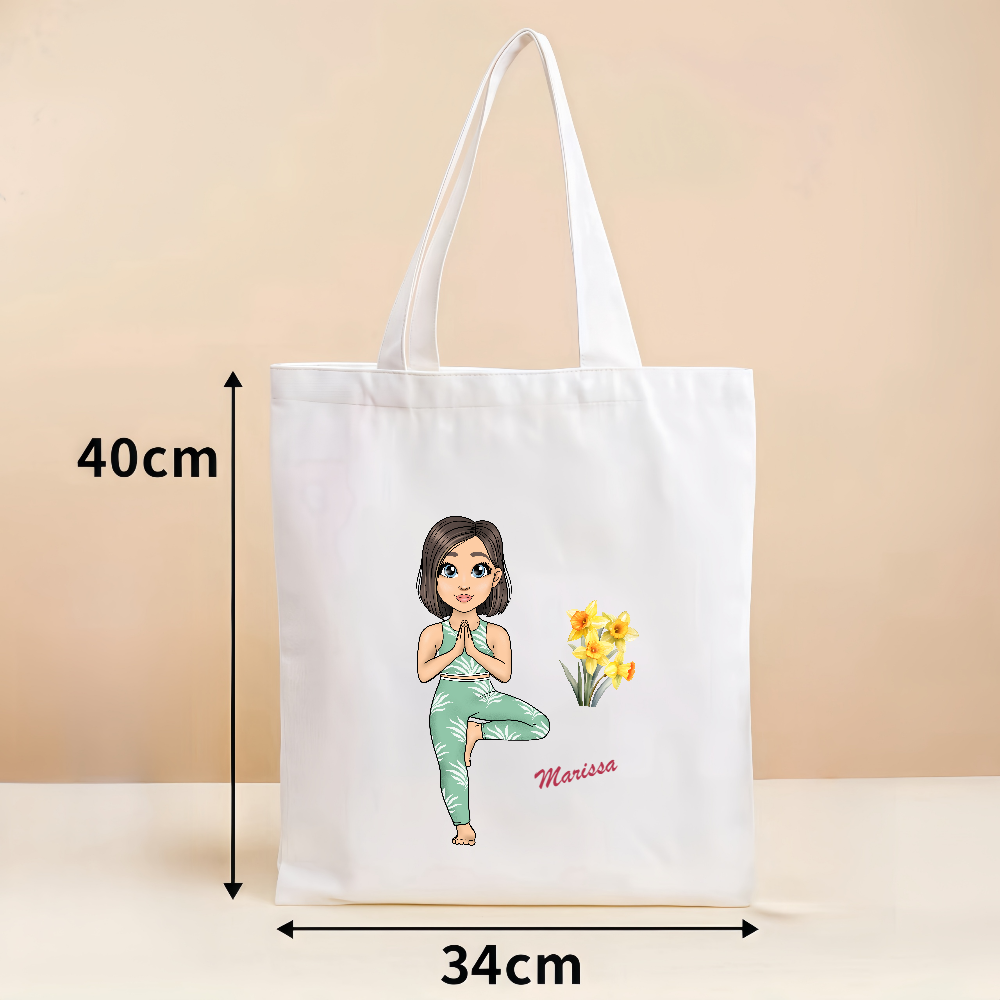 Customized Cartoon Sports Yoga Fitness Gir Canvas Tote Bag with Birth Flower and Name Birthday Gift for Her