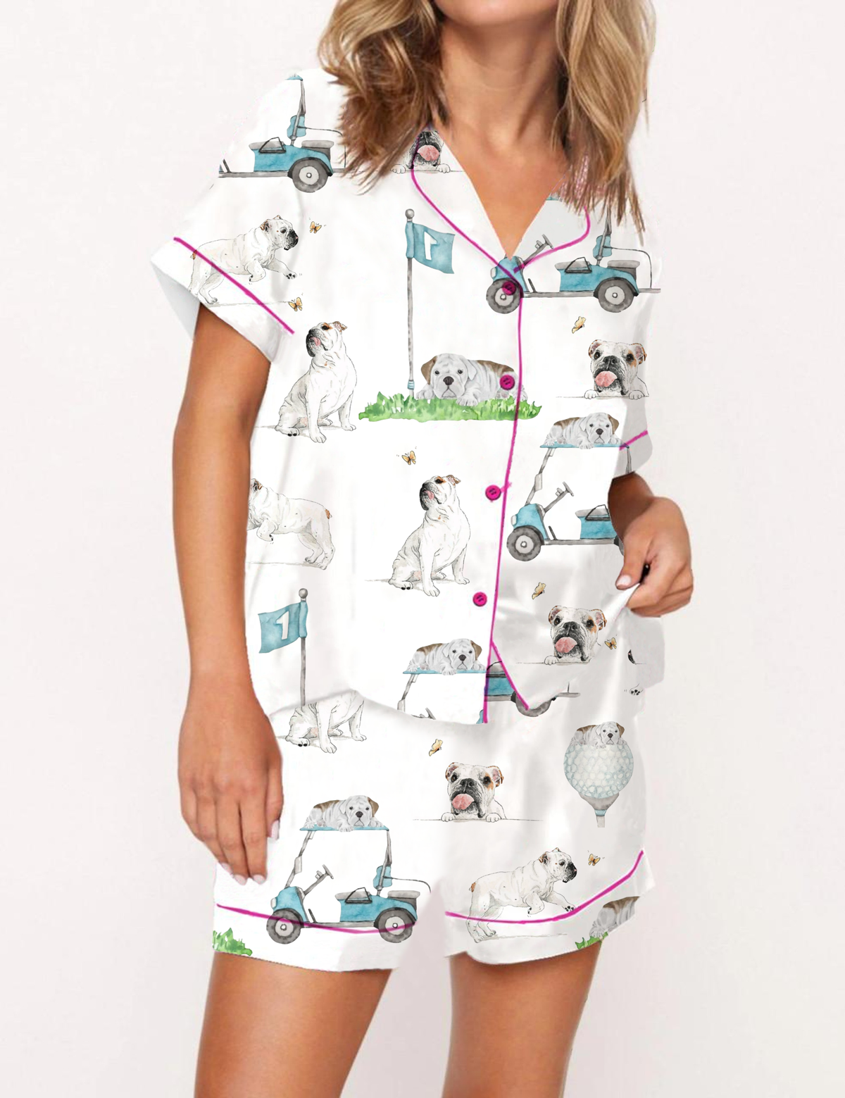 Golf French Bulldogs Print Silky Satin Pajama Set For Women