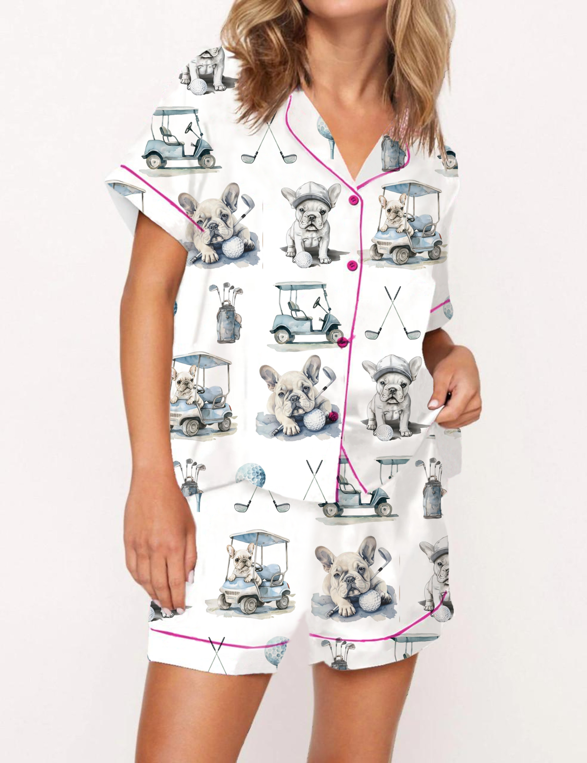 Golf French Bulldogs Print Silky Satin Pajama Set For Women