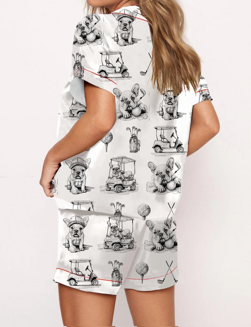 Golf French Bulldogs Toile Silky Satin Pajama Set For Women