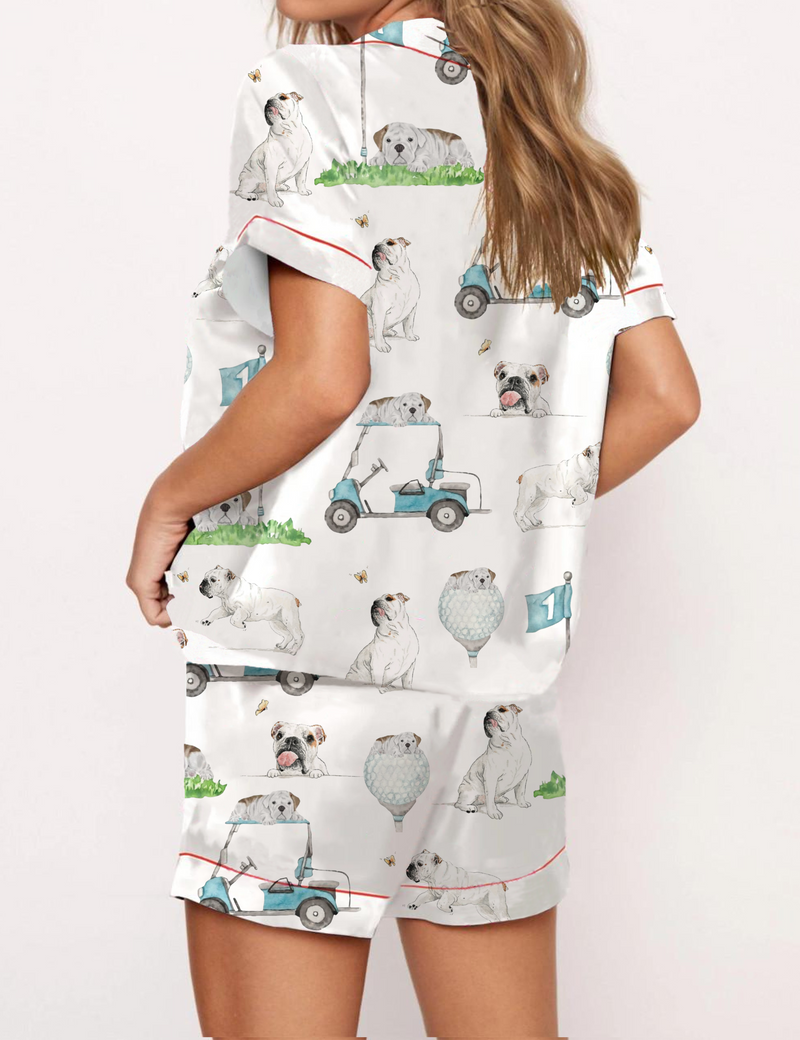 Golf French Bulldogs Print Silky Satin Pajama Set For Women