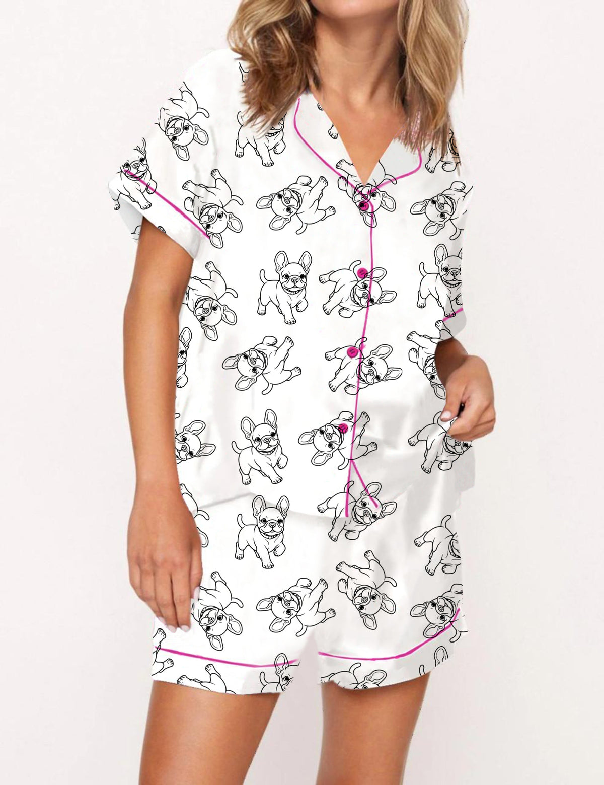 French Bulldog Satin White Pajama Set