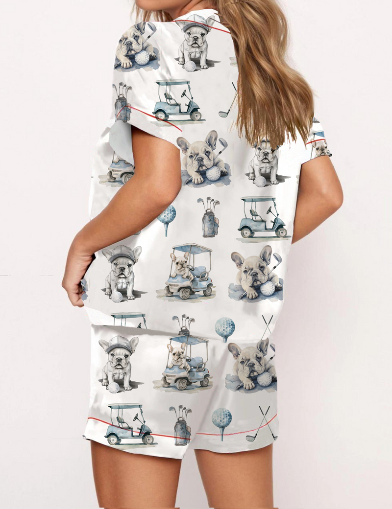 Golf French Bulldogs Print Silky Satin Pajama Set For Women