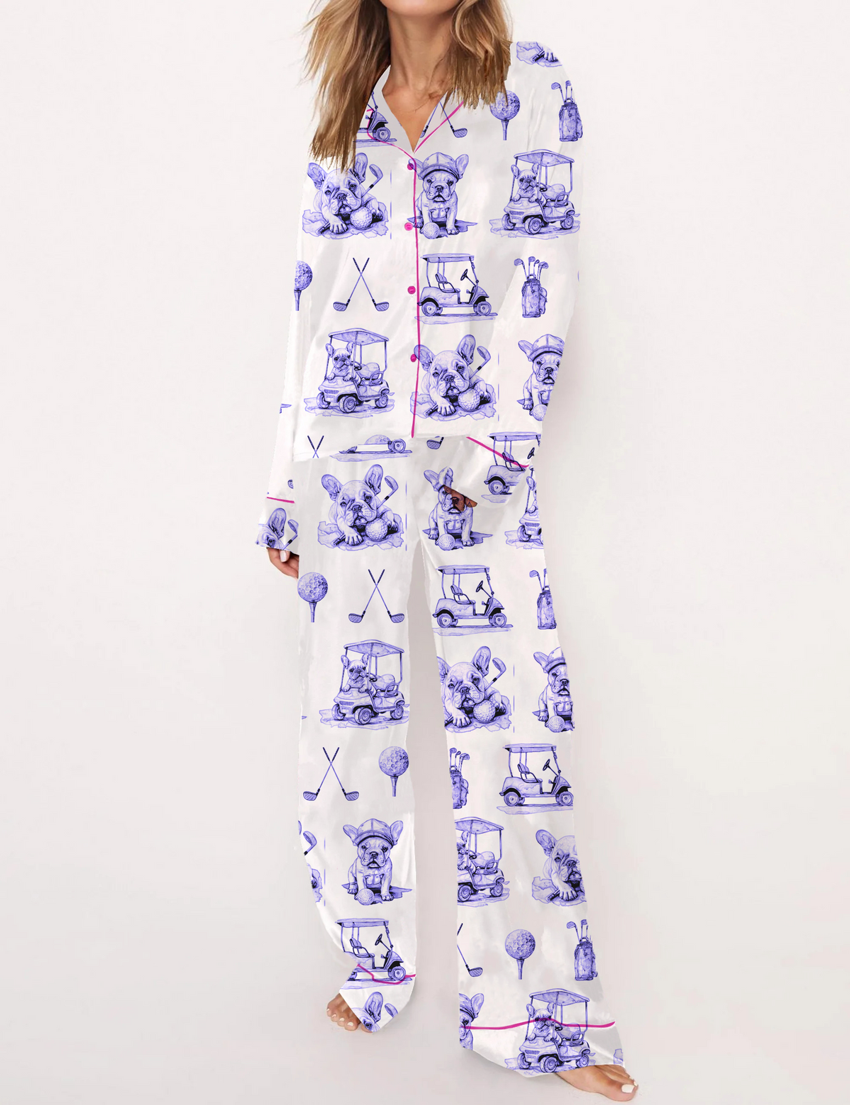 Golf French Bulldogs Toile Silky Satin Pajama Set For Women