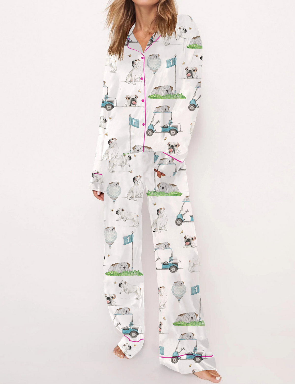 Golf French Bulldogs Print Silky Satin Pajama Set For Women