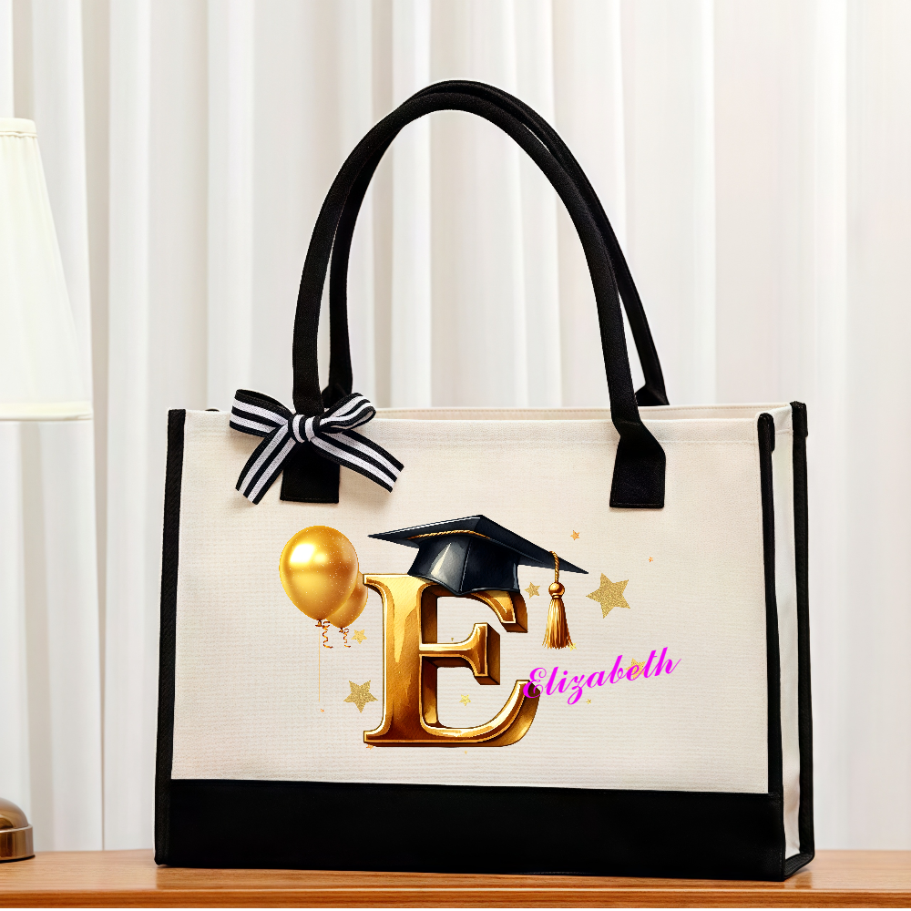 Personalized Graduation Cap Initial Large Canvas Tote Bag with Name Travel Daily Use Graduation Gift for Graduate Friend