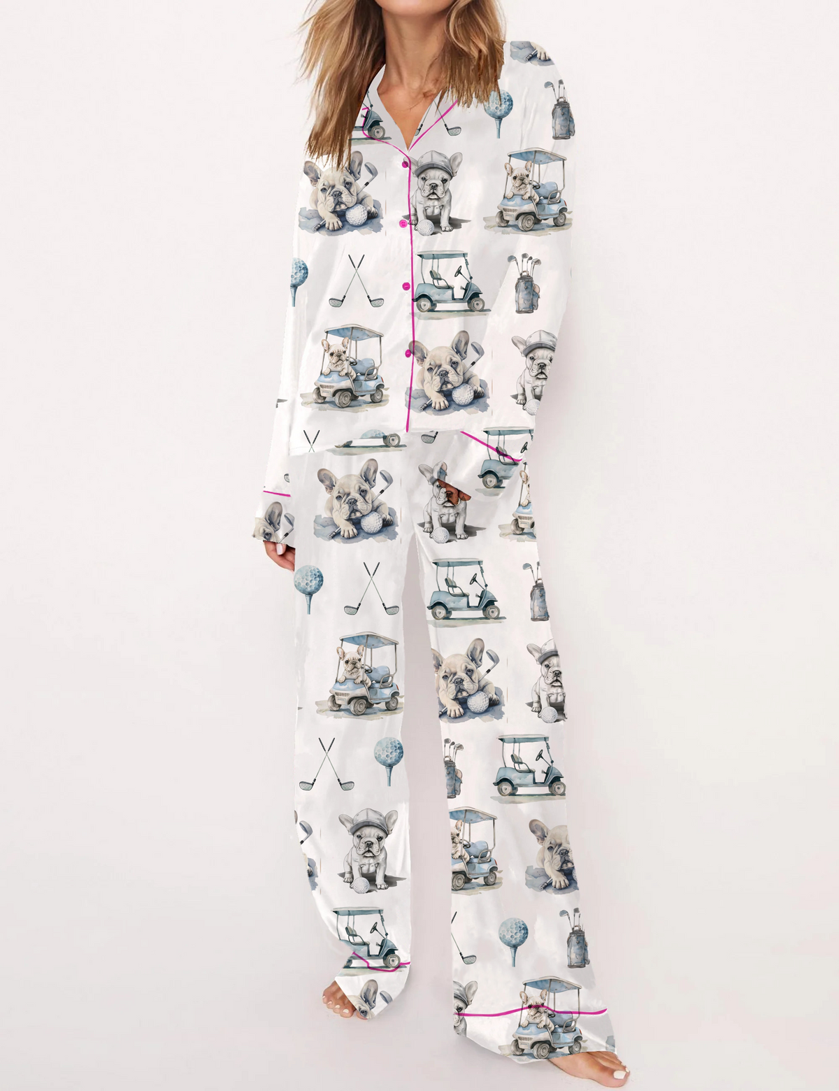 Golf French Bulldogs Print Silky Satin Pajama Set For Women