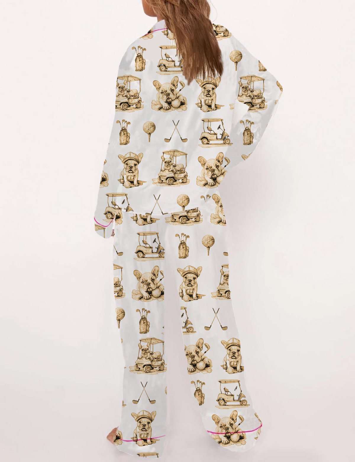 Golf French Bulldogs Toile Silky Satin Pajama Set For Women