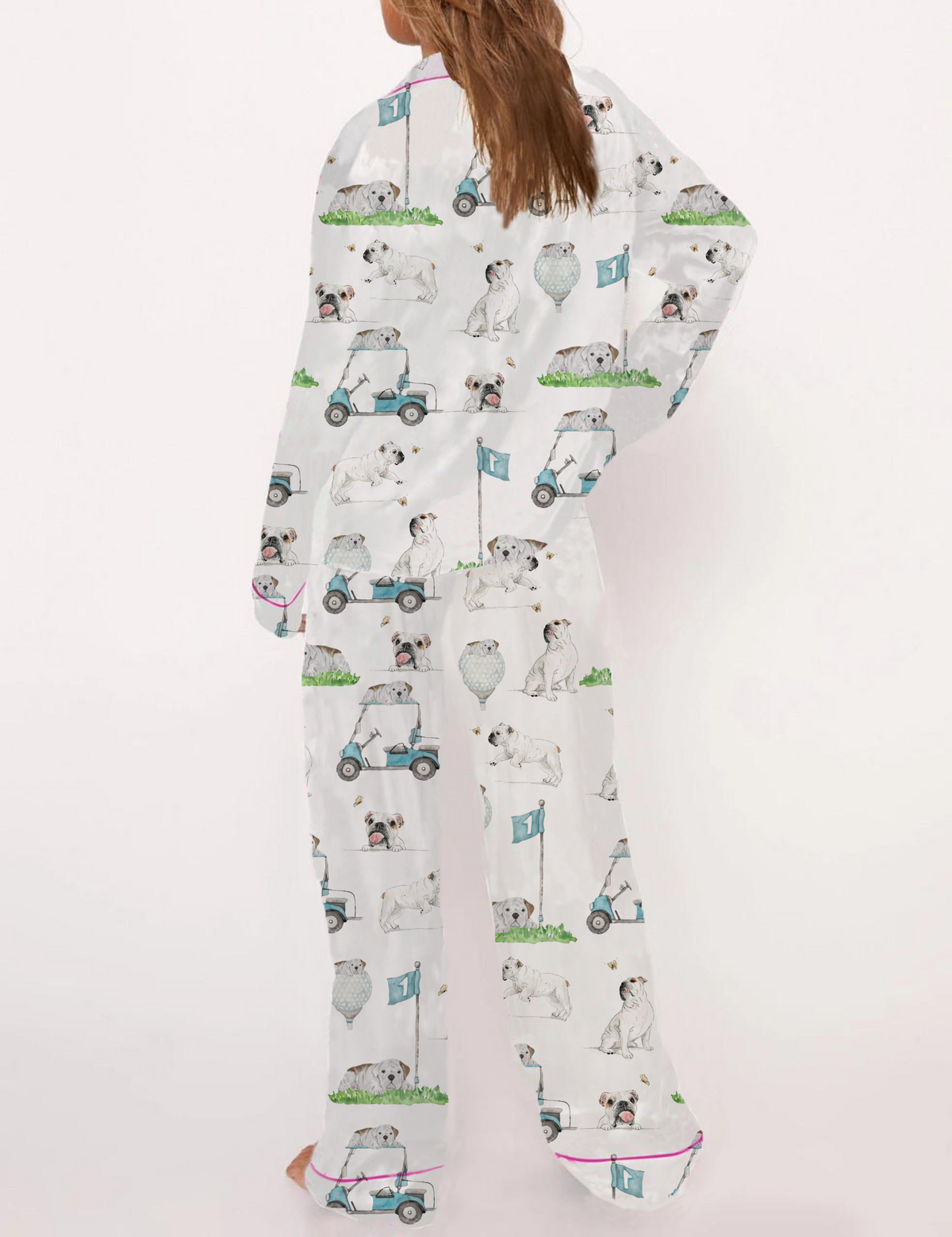 Golf French Bulldogs Print Silky Satin Pajama Set For Women