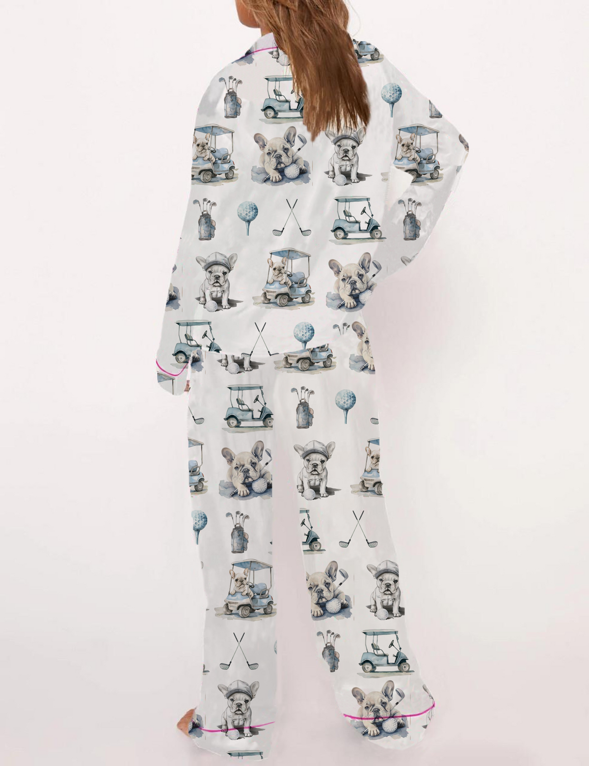 Golf French Bulldogs Print Silky Satin Pajama Set For Women