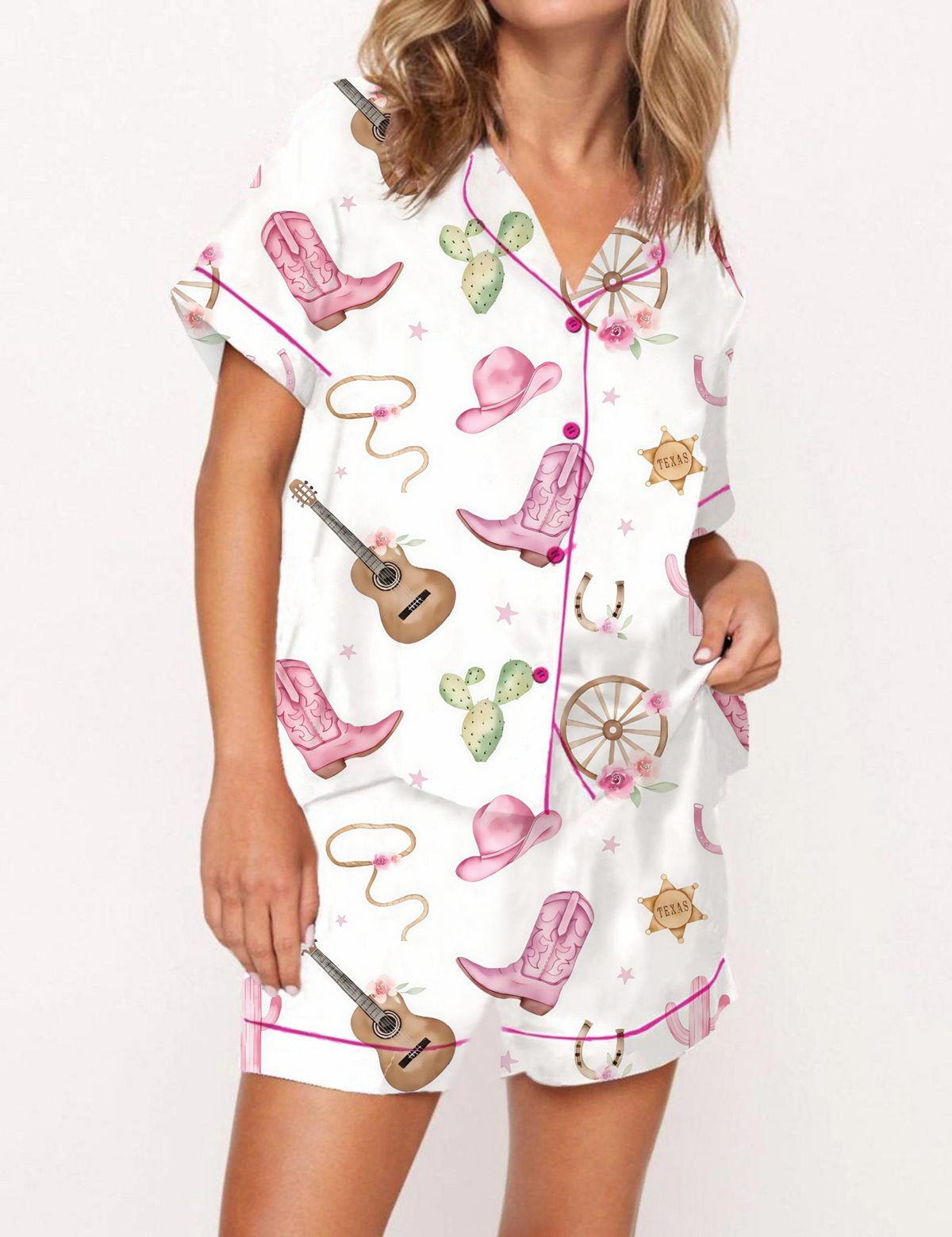 Western Cowboy Boot Satin Pajama Short Set