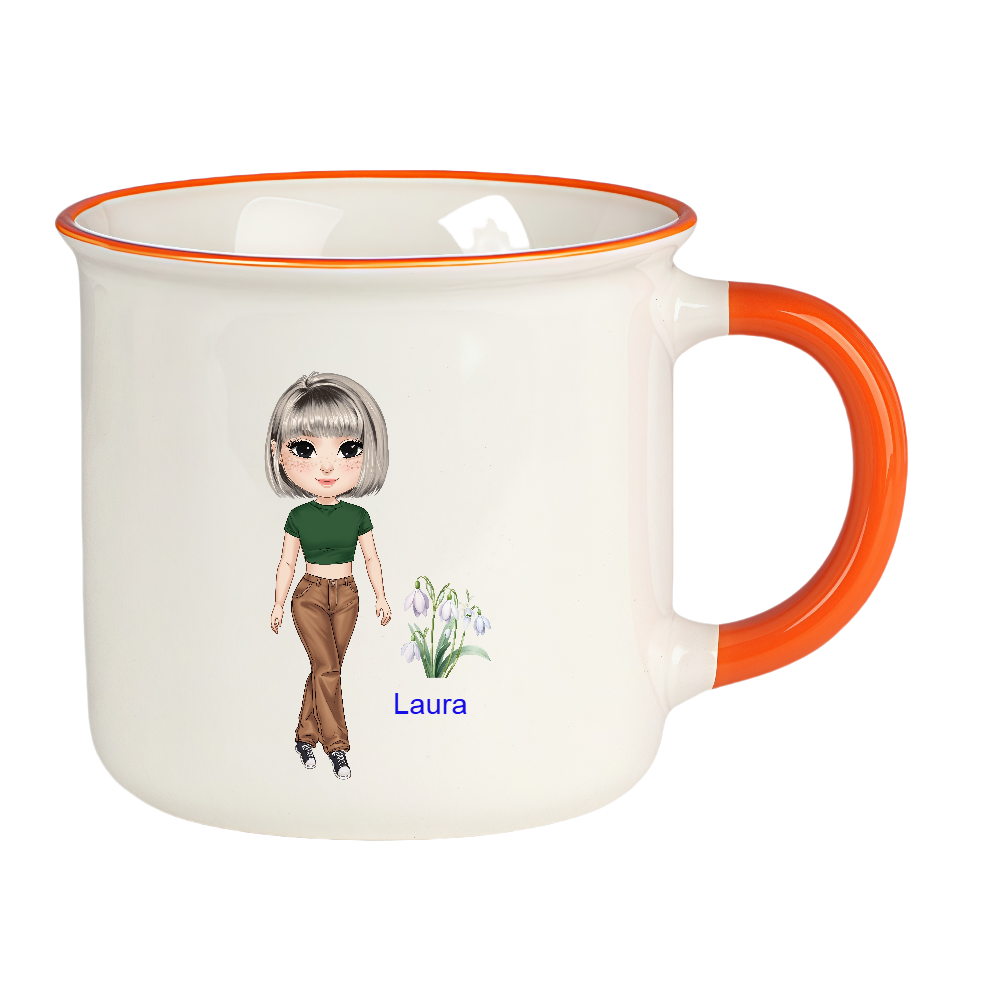 Personalized Cartoon Chibi Girl Coffee Cup Cartoon Ceramic Mug With Birth Flower and Name Birthday Gift for Women