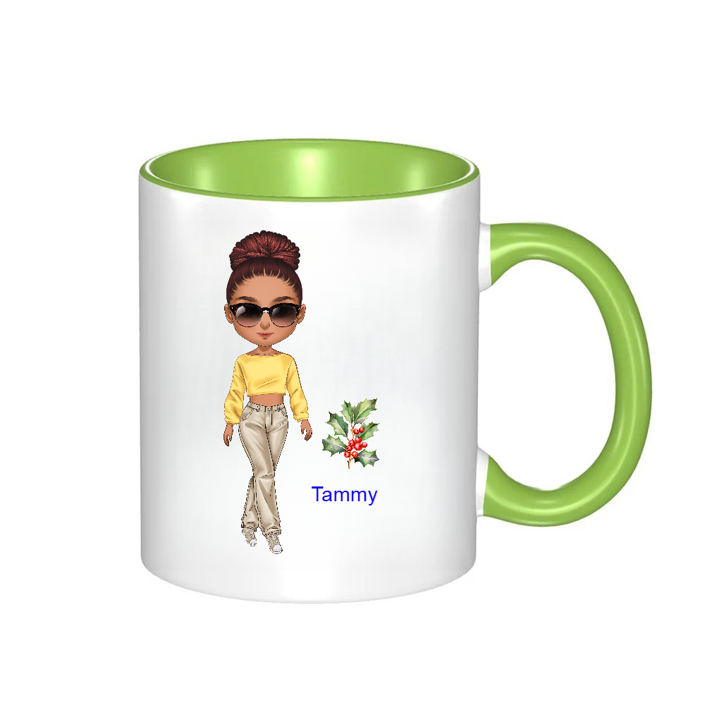 Personalized Cartoon Chibi Girl Coffee Cup Cartoon Ceramic Mug With Birth Flower and Name Birthday Gift for Women