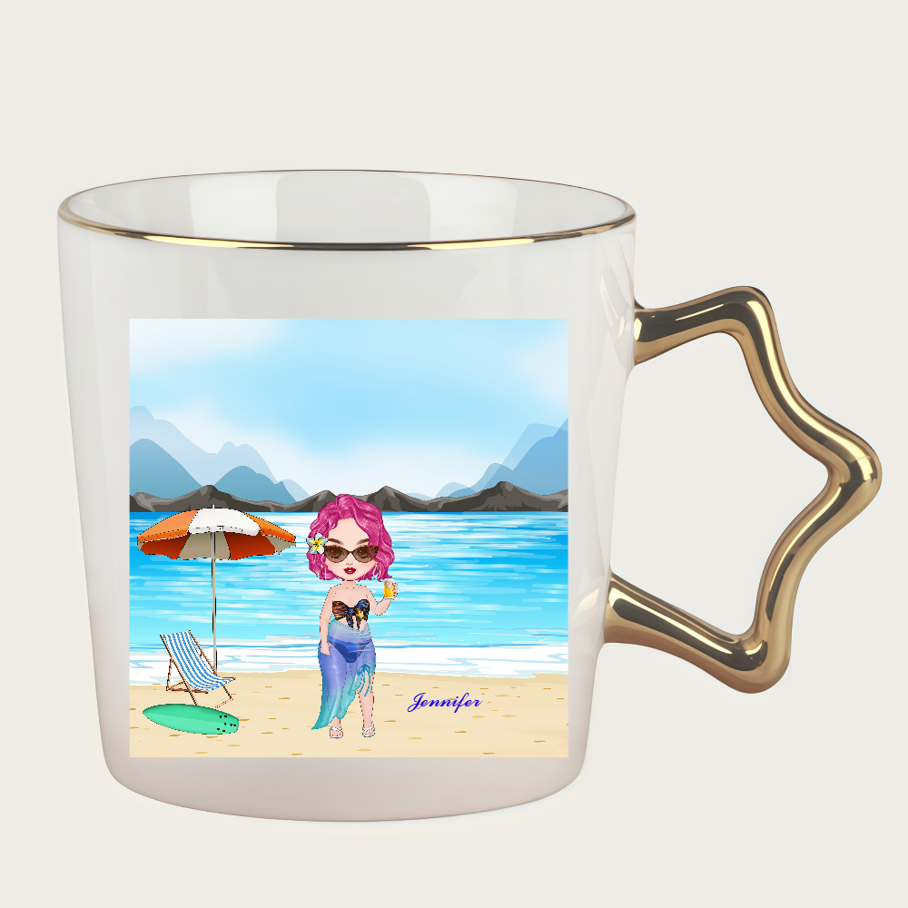 Personalized Cartoon Beach Girl Coffee Cup Ceramic Mug With Star Handle Birthday Gift for Her