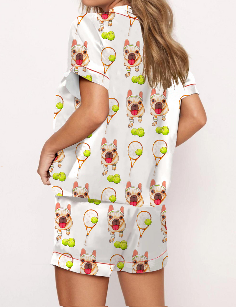 French Bulldogs Tennis Silky Satin Pajama Short Set For Women