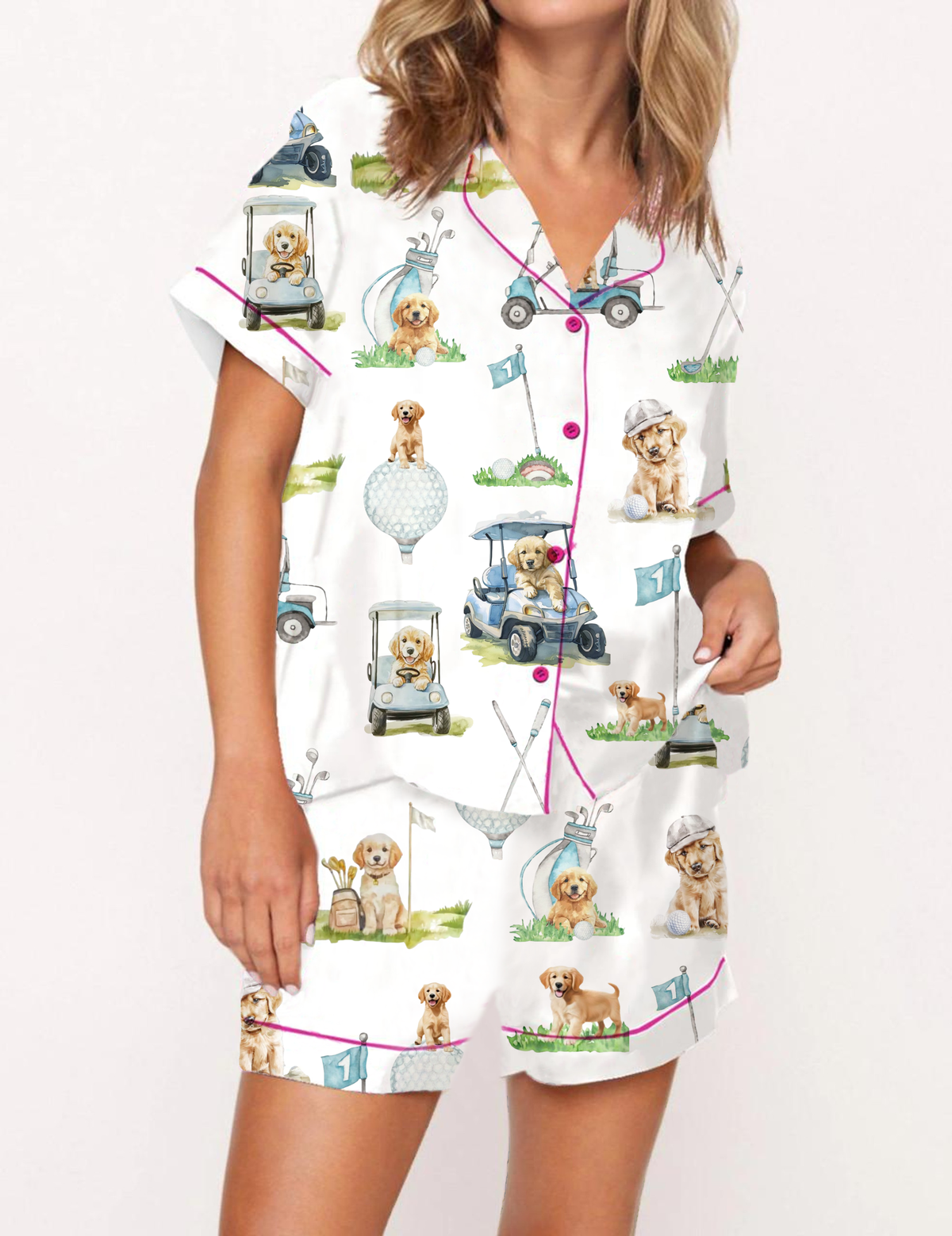 Gold Retriever Golf Silky Satin Pajama Set For Women