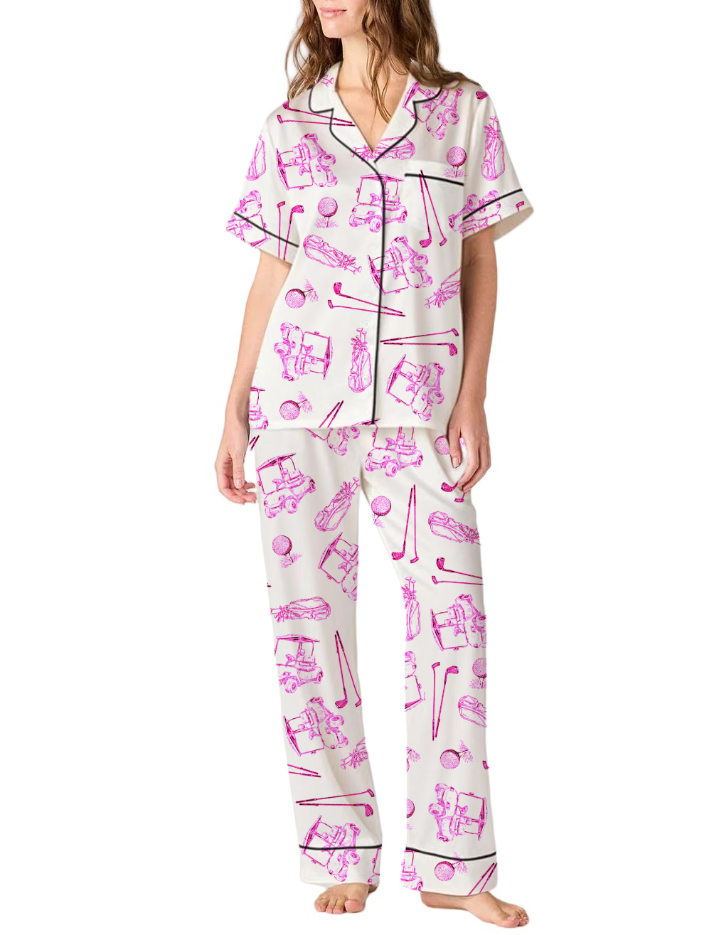 Golf Sport Toile Silky Satin Pajama  Pants Set For Women