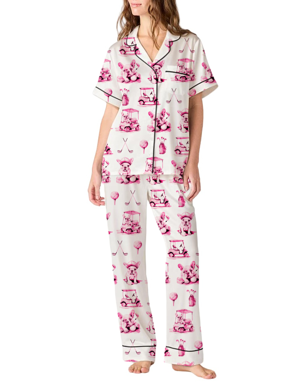 French Bulldog Golf Toile Silky Satin Pajama Pants Set For Women