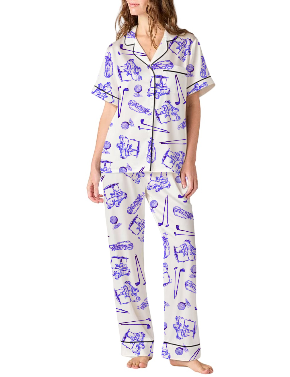 Golf Sport Toile Silky Satin Pajama  Pants Set For Women