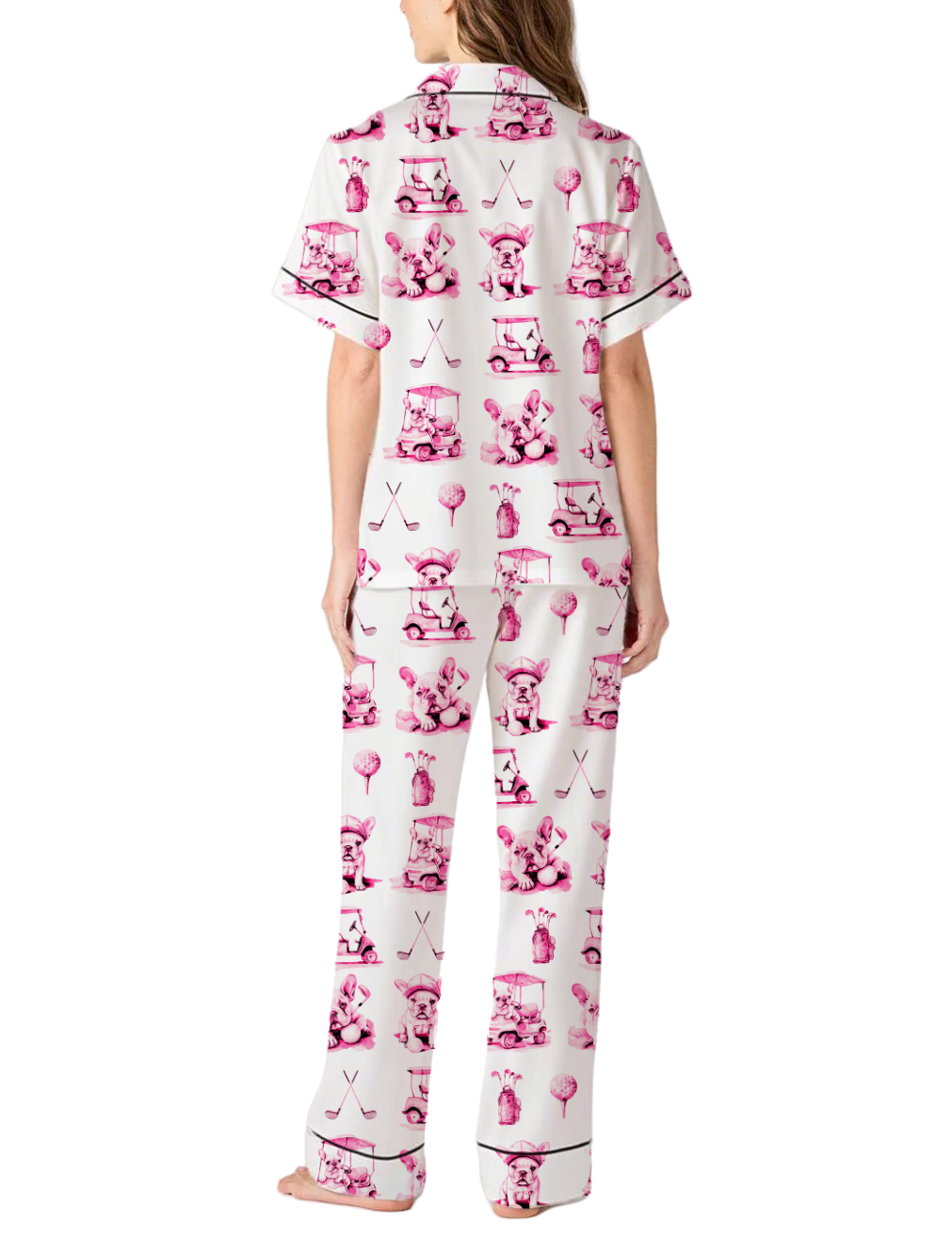 French Bulldog Golf Toile Silky Satin Pajama Pants Set For Women