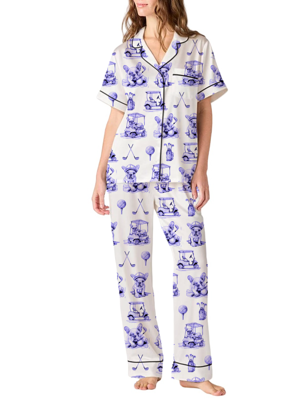 French Bulldog Golf Toile Silky Satin Pajama Pants Set For Women