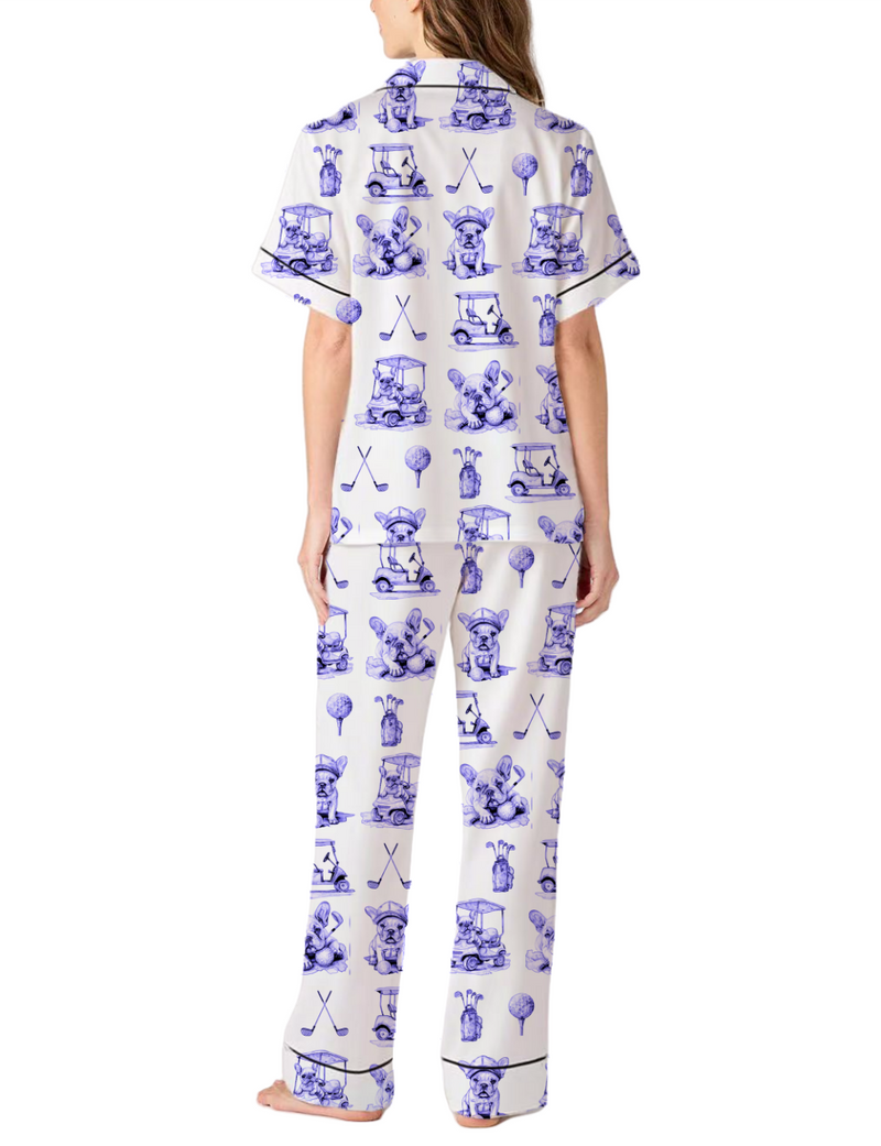 French Bulldog Golf Toile Silky Satin Pajama Pants Set For Women