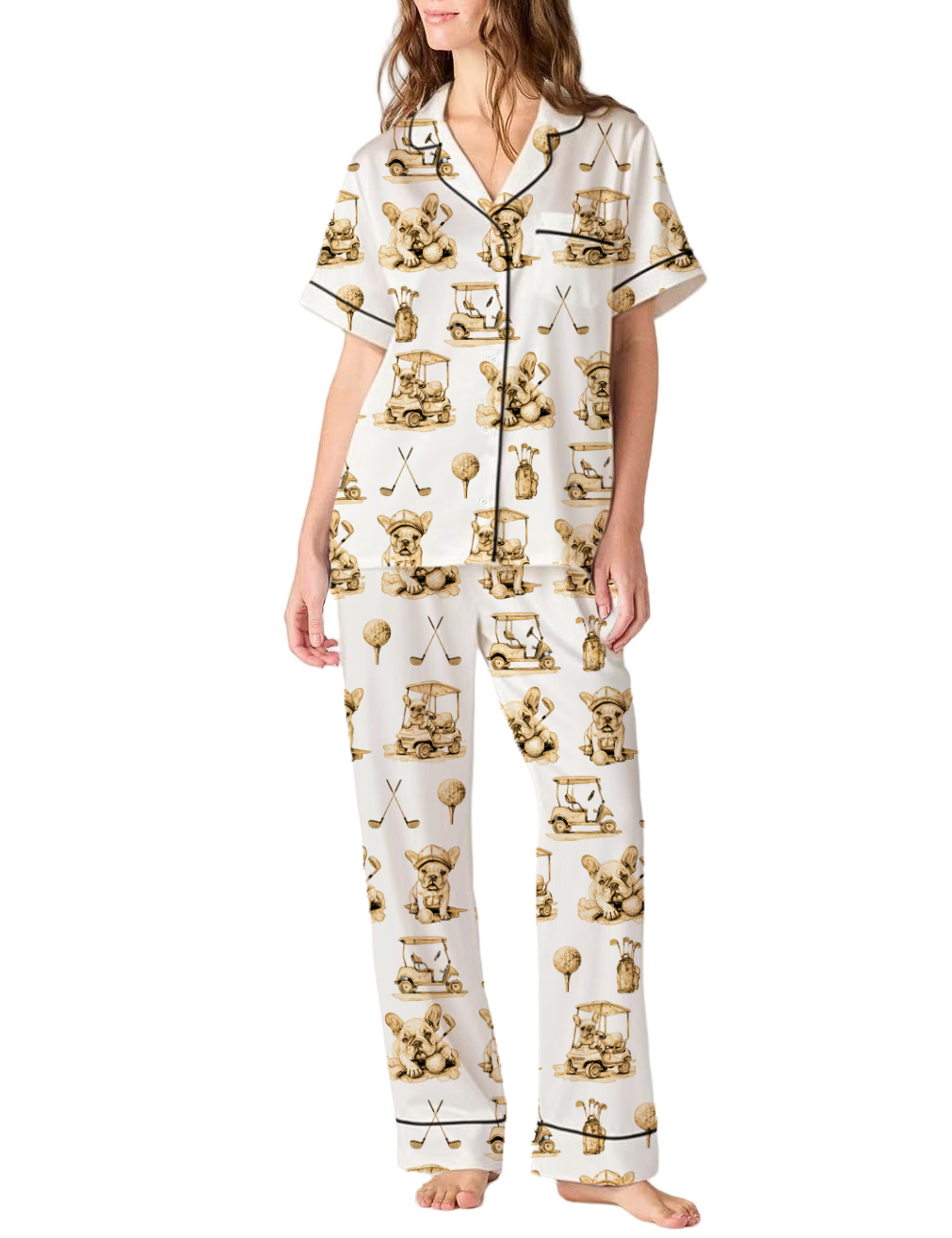 French Bulldog Golf Toile Silky Satin Pajama Pants Set For Women