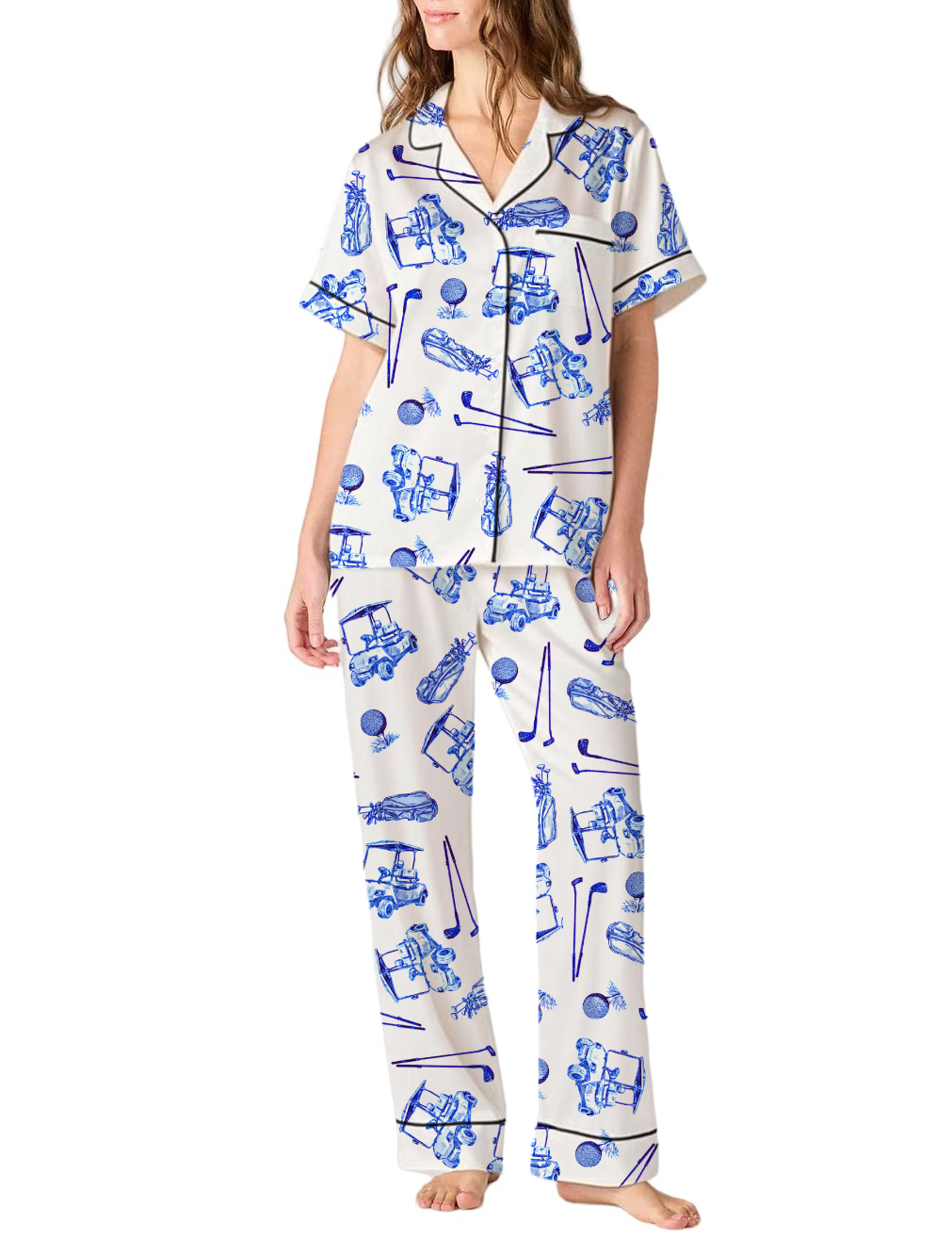 Golf Sport Toile Silky Satin Pajama  Pants Set For Women