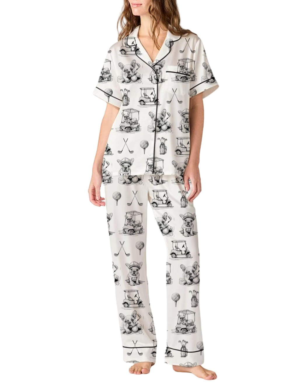 French Bulldog Golf Toile Silky Satin Pajama Pants Set For Women