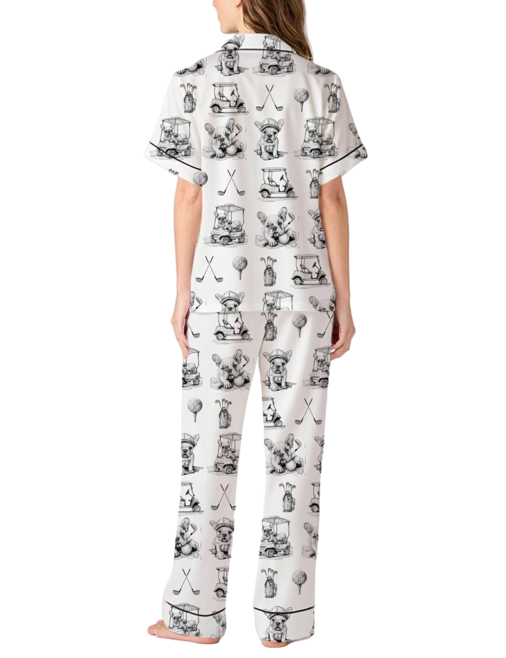 French Bulldog Golf Toile Silky Satin Pajama Pants Set For Women