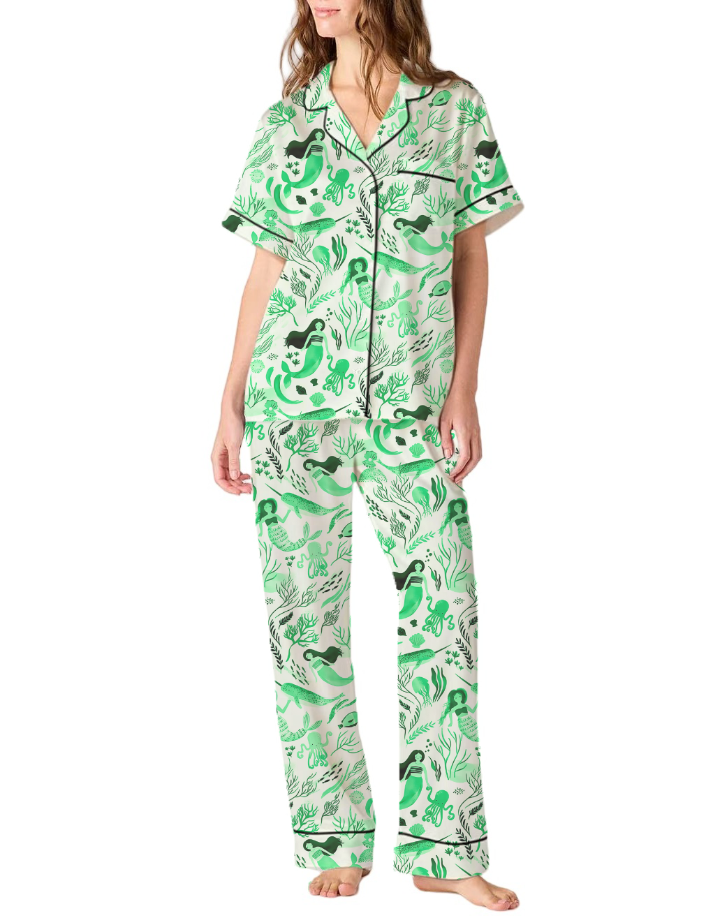 Mermaid Toile Satin Pajama Pants Set For Women