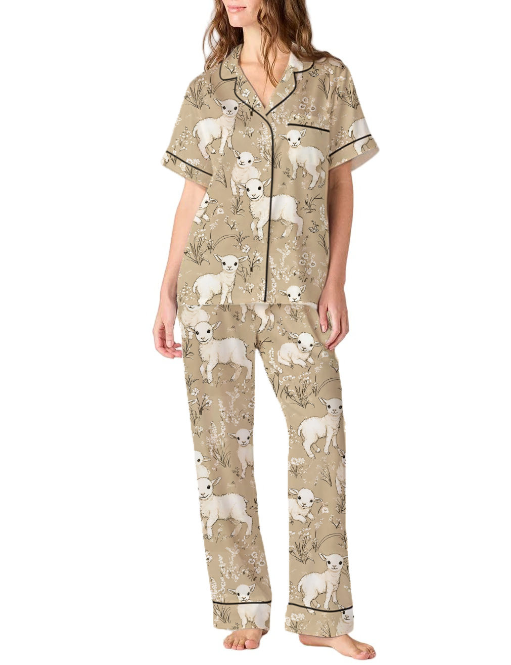 Cute Sheep Animal With Floral Pastoral Toile Satin Pajama Pants Set For Women