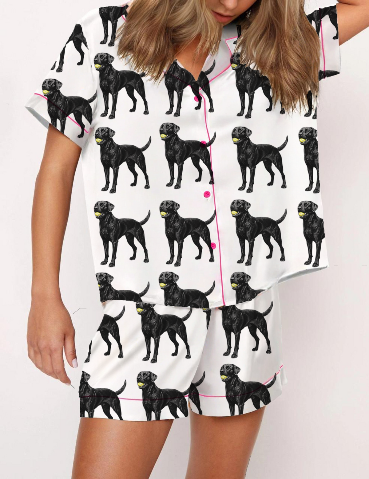 Black Labrador Tennis Silky Satin Pajama Short Set For Women