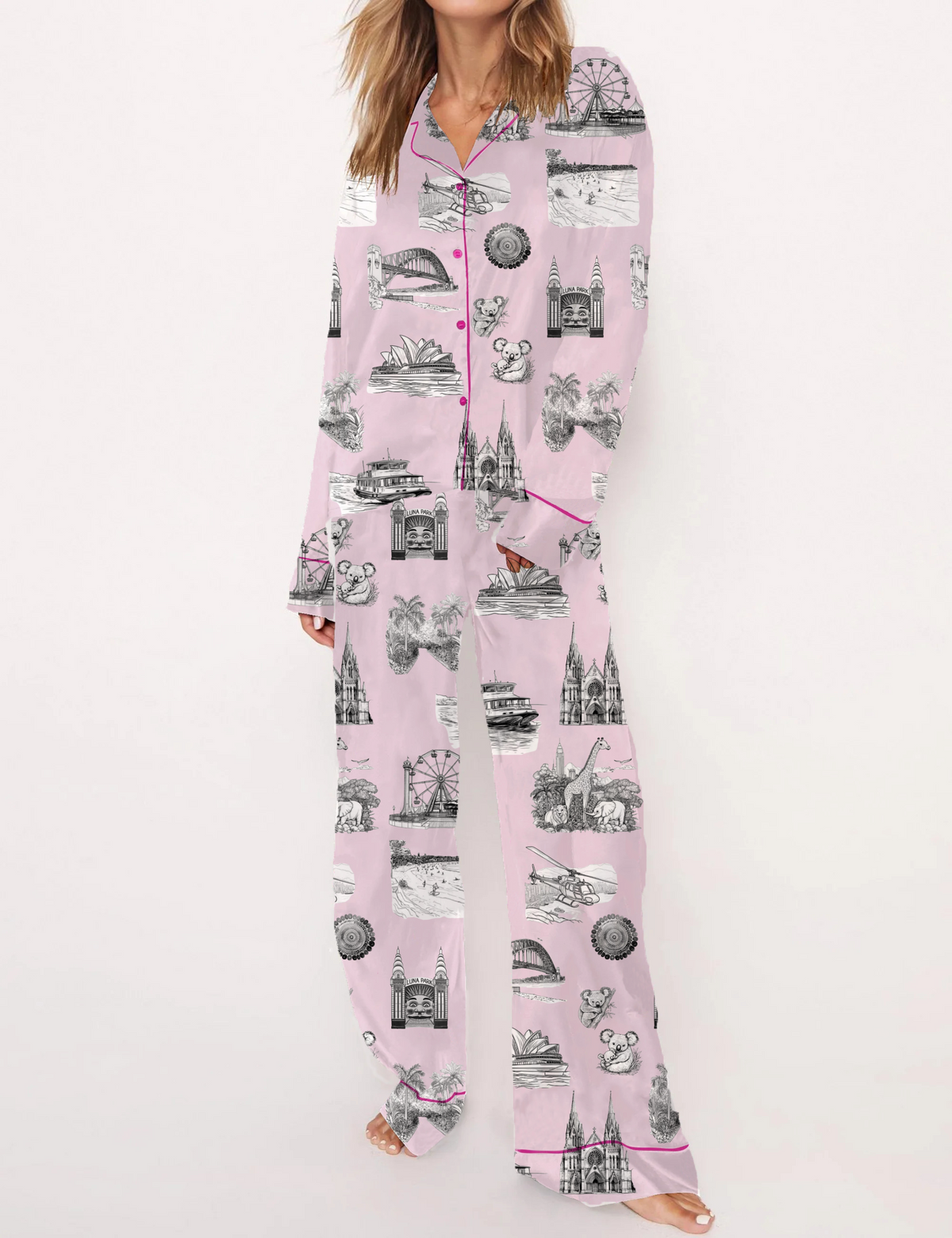 Sydney Travel Toile Silky Satin Pajama Set For Women