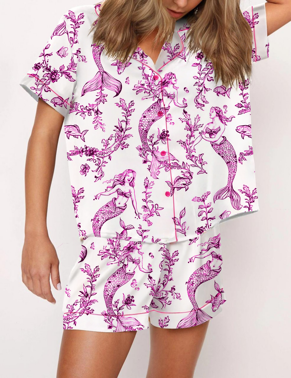 Mermaid Toile Silky Satin Pajama Short Set For Women
