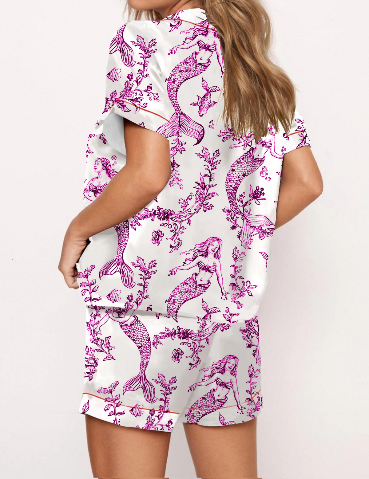 Mermaid Toile Silky Satin Pajama Short Set For Women