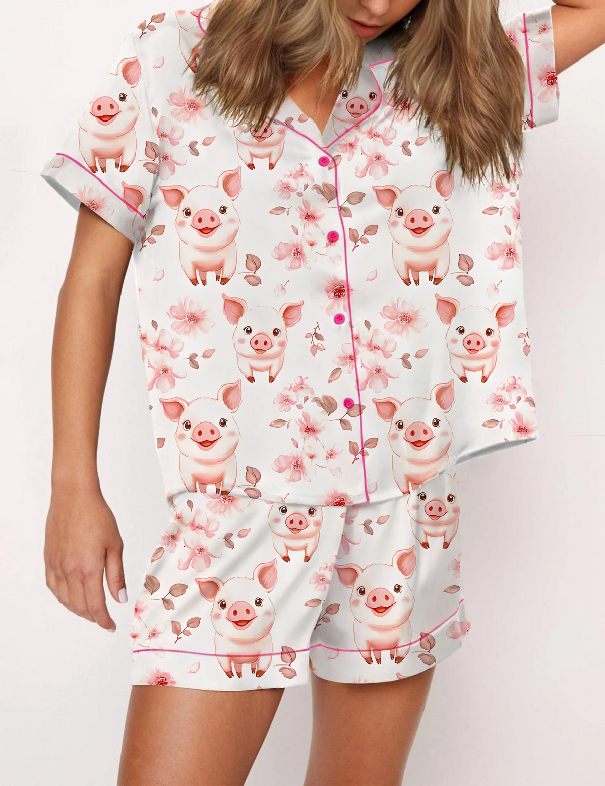 Floral Pink Pig Silky Satin Pajama Short Set For Women