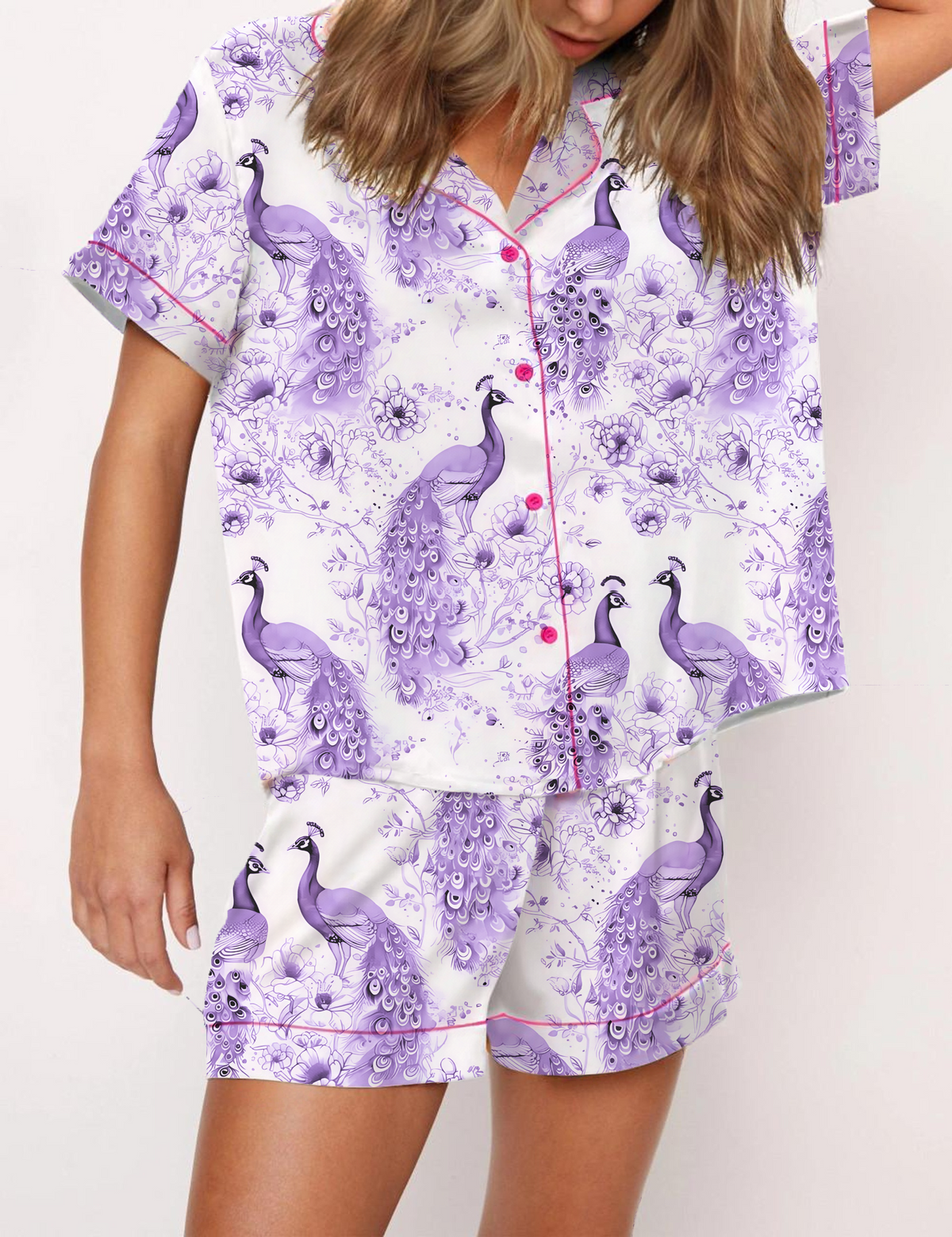 Animal Peacock Print Satin Pajama Short Set For Women