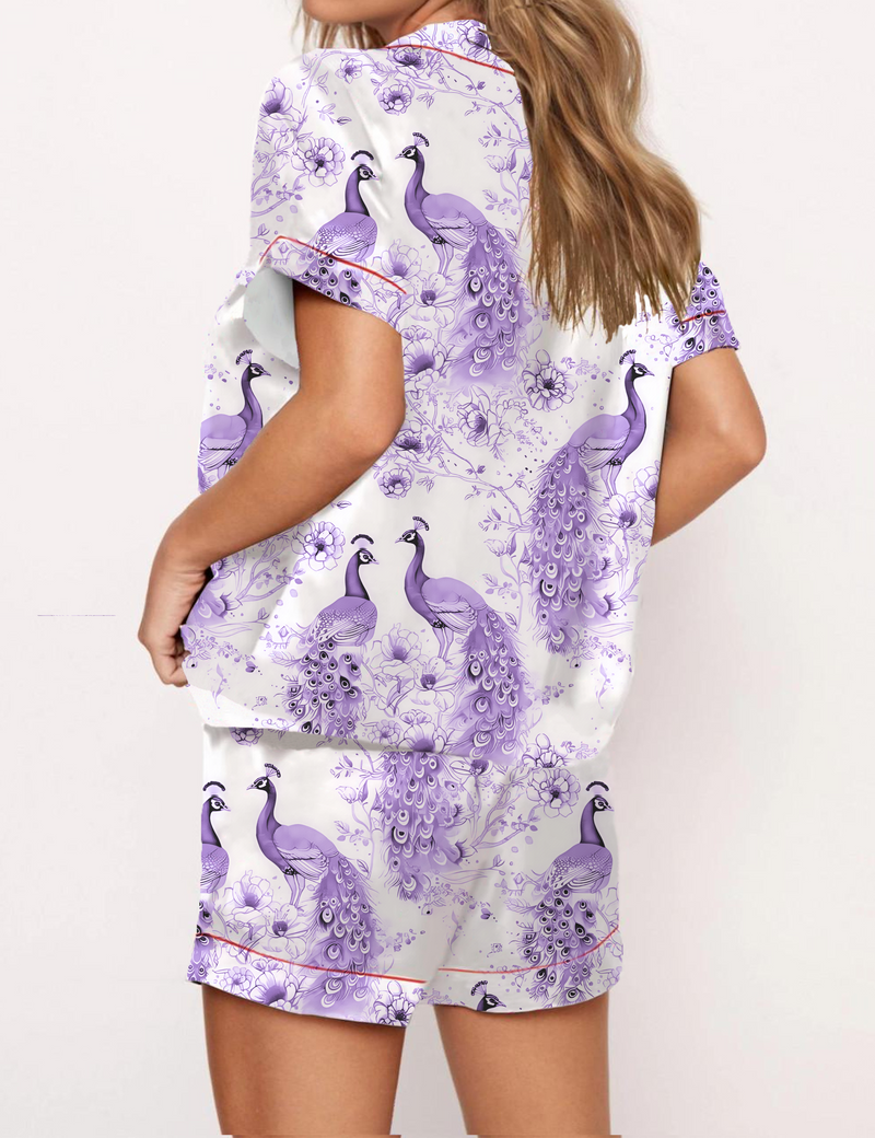 Animal Peacock Print Satin Pajama Short Set For Women
