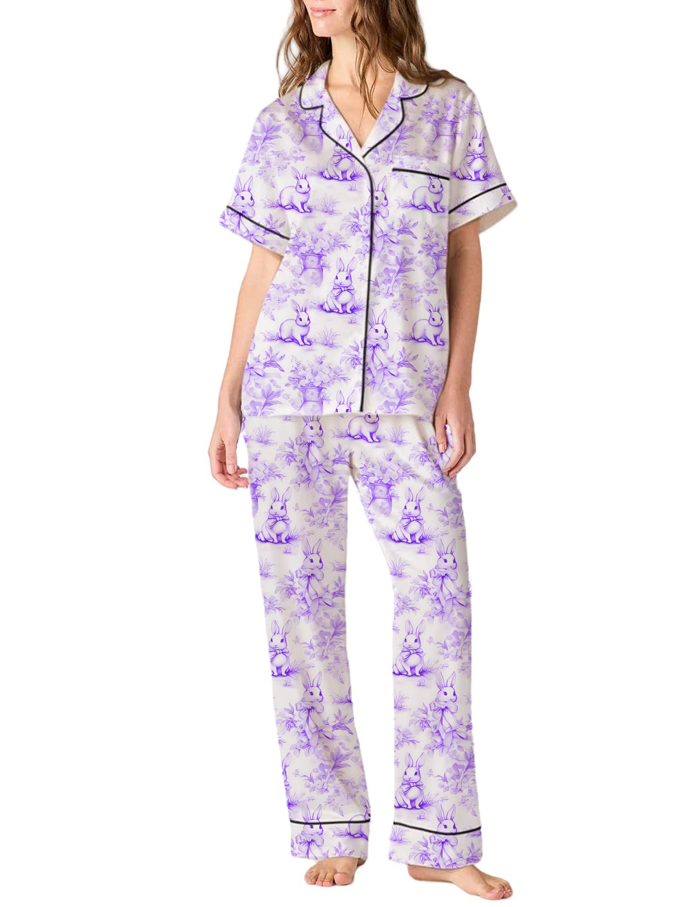 Rabbit Toile Satin Pajama Pants Set For Women