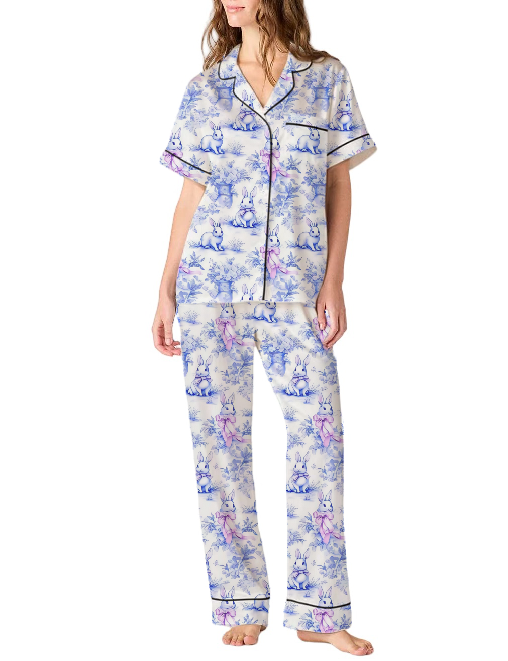 Rabbit Toile Satin Pajama Pants Set For Women