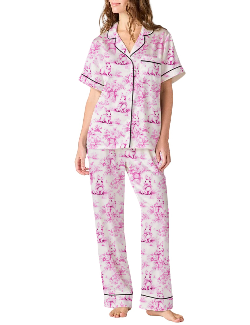 Rabbit Toile Satin Pajama Pants Set For Women
