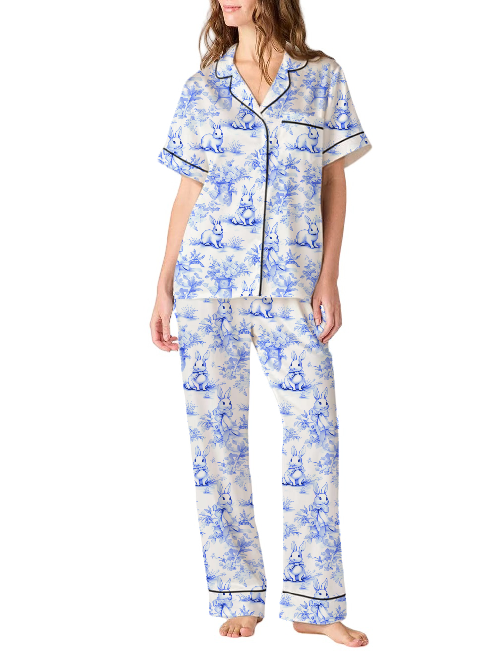 Rabbit Toile Satin Pajama Pants Set For Women