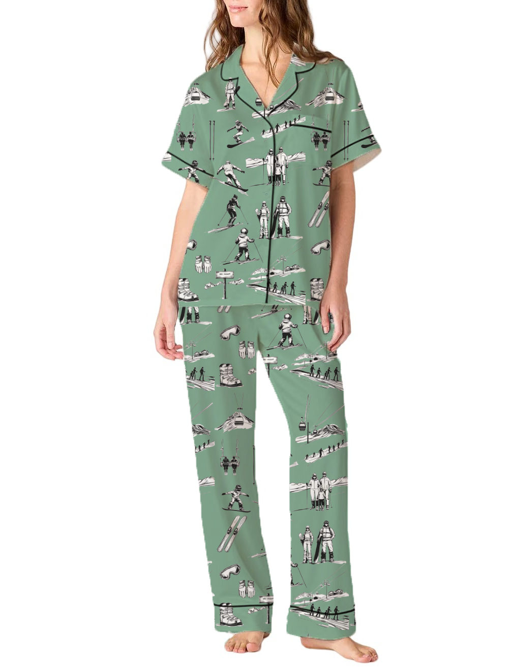 Skiing Life Toile Silky Satin Pajama Pants Set For Women