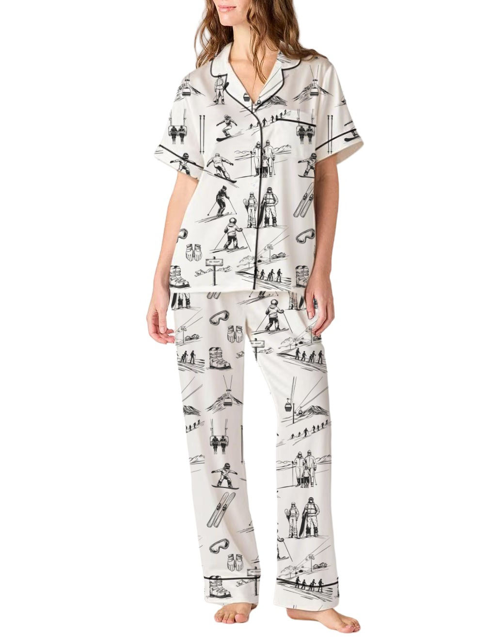 Skiing Life Toile Silky Satin Pajama Pants Set For Women