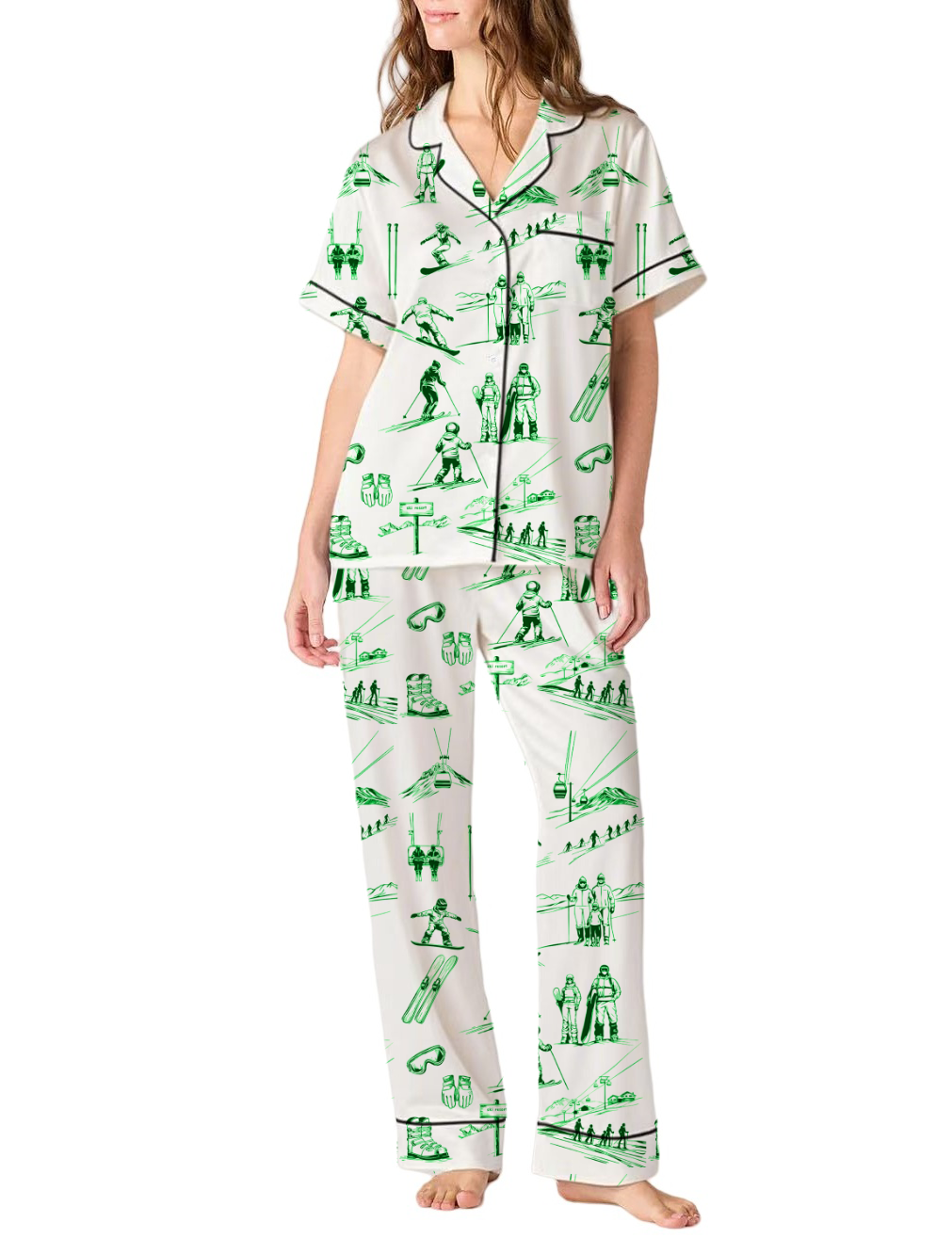 Skiing Life Toile Silky Satin Pajama Pants Set For Women