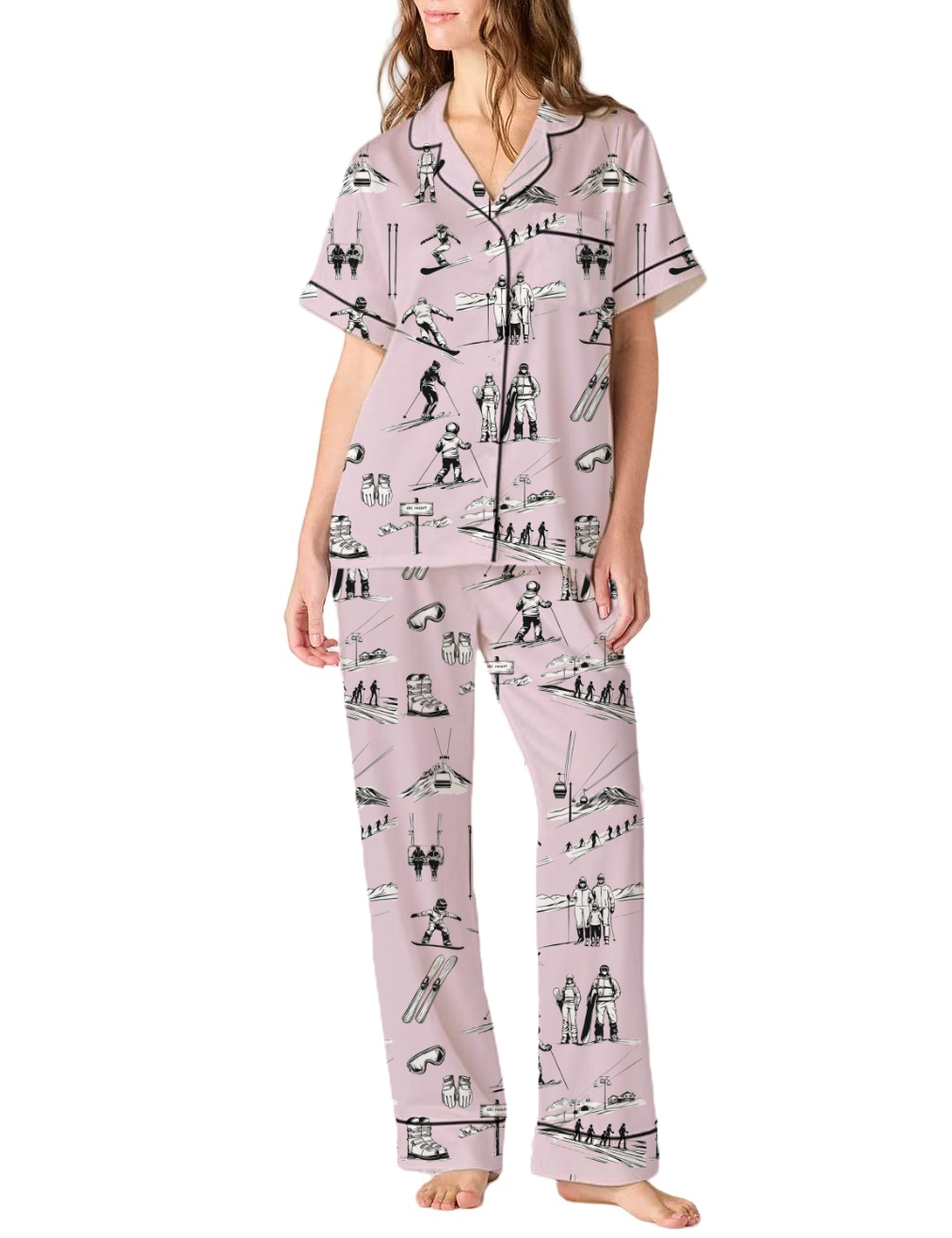 Skiing Life Toile Silky Satin Pajama Pants Set For Women