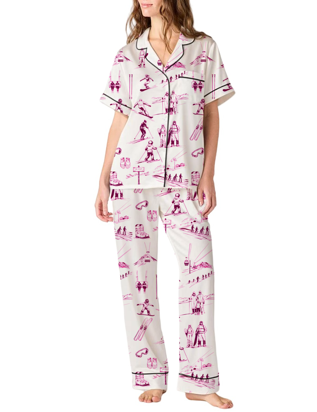Skiing Life Toile Silky Satin Pajama Pants Set For Women