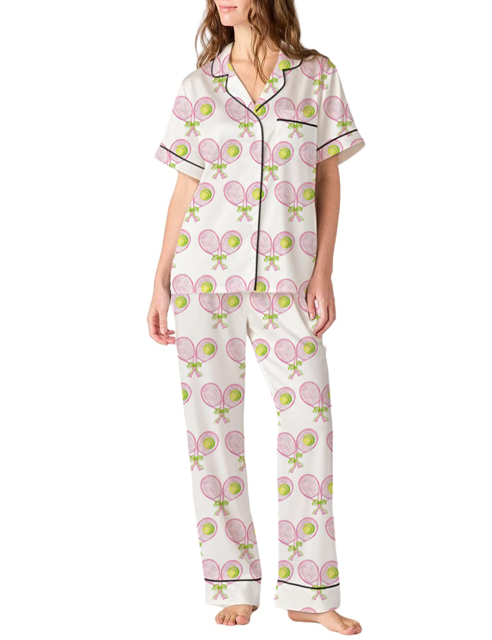 Christmas Tennis Racquet Silky Satin Pajama Pants Set For Women